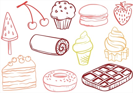 وکتور میوه و بستنی و شیرینی طراحی شده با خطوط